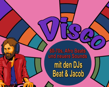 Die Illustration im Stil der Siebziger zeigt die DJs Beat und Jacob in jungen Jahren.