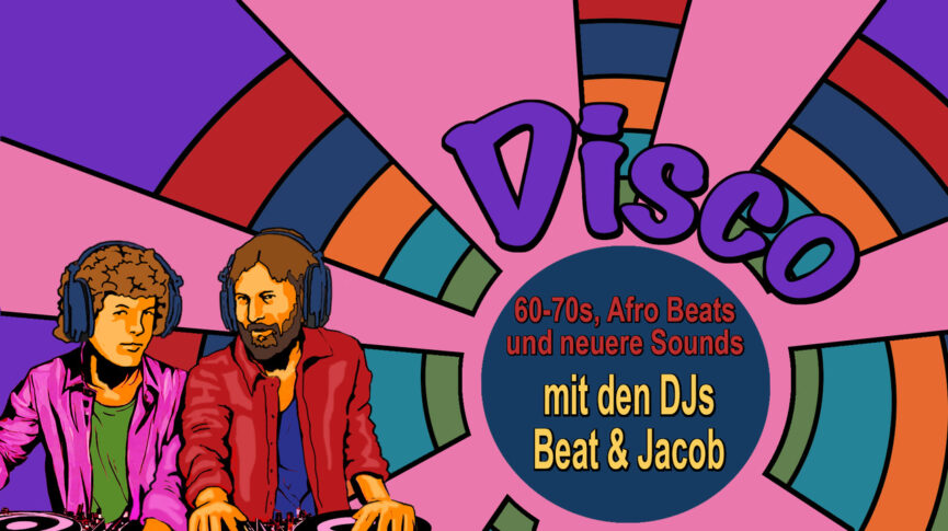 Die Illustration im Stil der Siebziger zeigt die DJs Beat und Jacob in jungen Jahren.